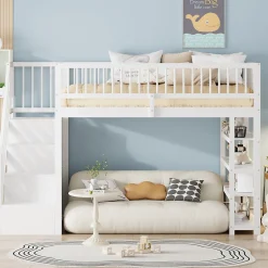 Lit mezzanine 90x200 cm - Lit ados avec clôture, penderie et étagères - Bois - Sans matelas - Blanc