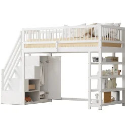 Lit mezzanine 90x200 cm - Lit ados avec clôture, penderie et étagères - Bois - Sans matelas - Blanc
