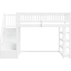 Lit mezzanine 90x200 cm - Lit ados avec clôture, penderie et étagères - Bois - Sans matelas - Blanc