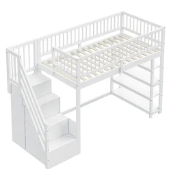 Lit mezzanine 90x200 cm - Lit ados avec clôture, penderie et étagères - Bois - Sans matelas - Blanc