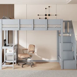 Lit mezzanine 90x200 cm - Lit avec rangement et étagère intégrée - Pin massif - Sans matelas - Gris