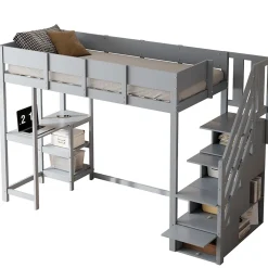 Lit mezzanine 90x200 cm - Lit avec rangement et étagère intégrée - Pin massif - Sans matelas - Gris