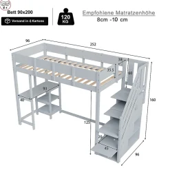 Lit mezzanine 90x200 cm - Lit avec rangement et étagère intégrée - Pin massif - Sans matelas - Gris