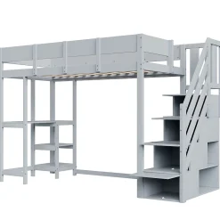 Lit mezzanine 90x200 cm - Lit avec rangement et étagère intégrée - Pin massif - Sans matelas - Gris