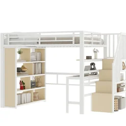 Lit Mezzanine 140x200 cm - Lit Ado avec Bureau Intégré, LED et Escalier de Rangement, Métal + MDF, Blanc