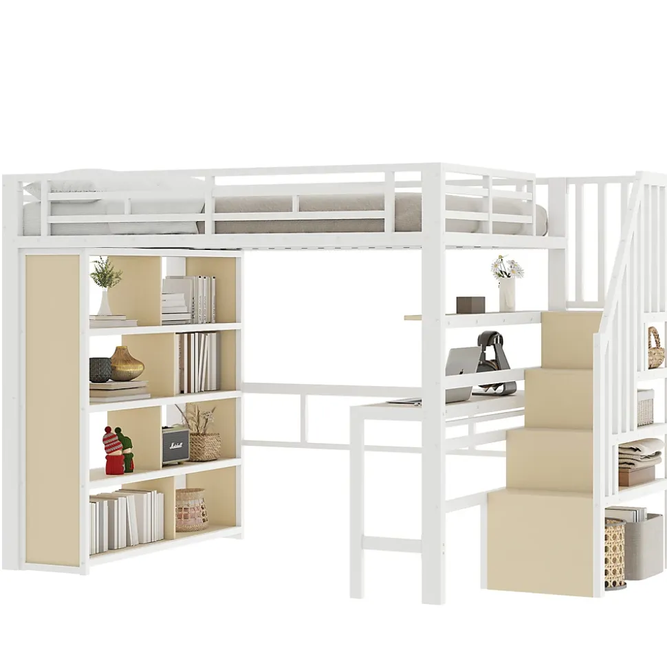 Lit Mezzanine 140x200 cm - Lit Ado avec Bureau Intégré, LED et Escalier de Rangement, Métal + MDF, Blanc