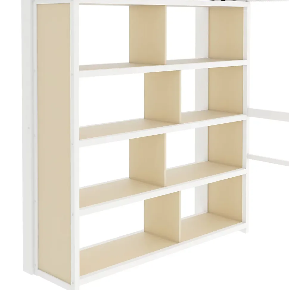 Lit Mezzanine 140x200 cm - Lit Ado avec Bureau Intégré, LED et Escalier de Rangement, Métal + MDF, Blanc