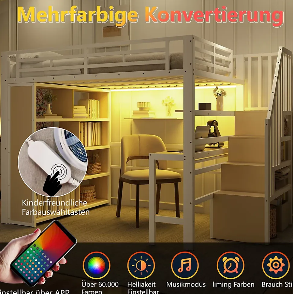 Lit Mezzanine 140x200 cm - Lit Ado avec Bureau Intégré, LED et Escalier de Rangement, Métal + MDF, Blanc