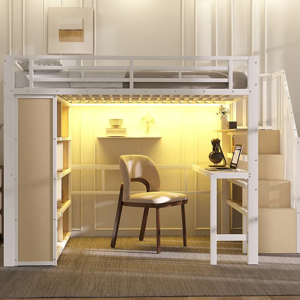 Lit Mezzanine 140x200 cm - Lit Ado avec Bureau Intégré, LED et Escalier de Rangement, Métal + MDF, Blanc