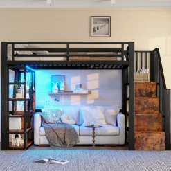 Lit Mezzanine 90x200 cm - Lit Ado Simple avec Escalier Intégré, LED et Rangement Sous le Lit - MDF et Métal - sans Matelas - Noir