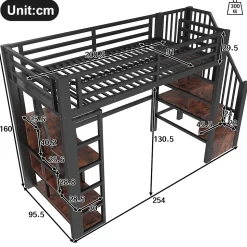 Lit Mezzanine 90x200 cm - Lit Ado Simple avec Escalier Intégré, LED et Rangement Sous le Lit - MDF et Métal - sans Matelas - Noir