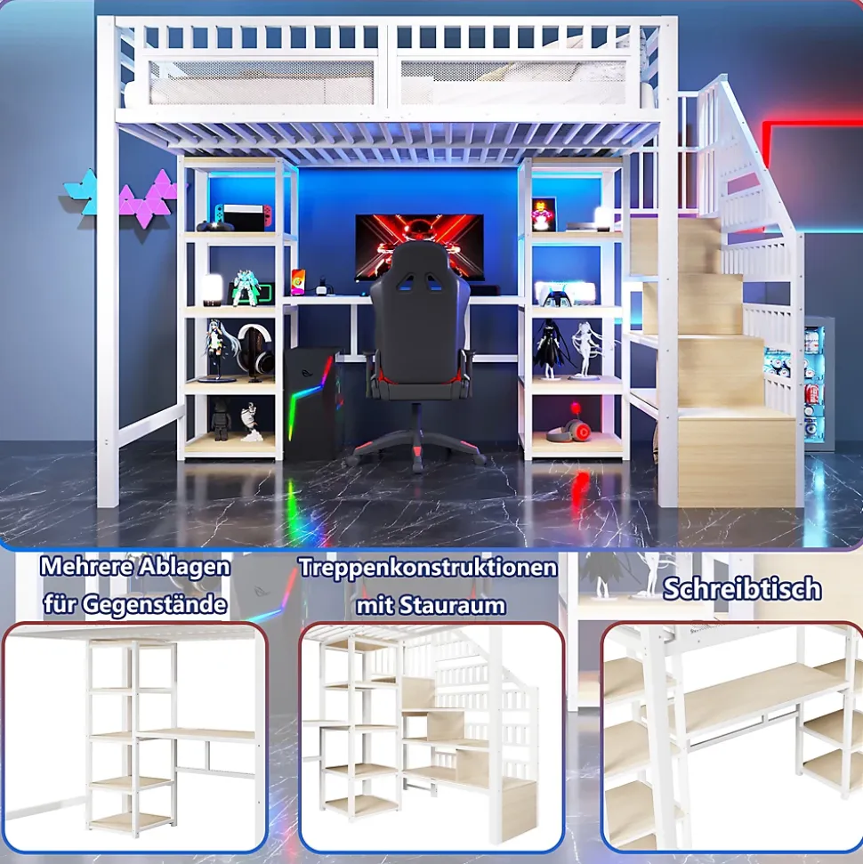 Lit Mezzanine 140x200 cm - Lit Ado Double avec Bureau, Escalier Rangement et LED - Métal et MDF - sans Matelas - Blanc