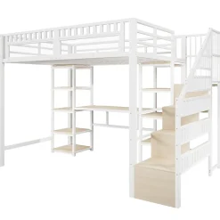 Lit Mezzanine 140x200 cm - Lit Ado Double avec Bureau, Escalier Rangement et LED - Métal et MDF - sans Matelas - Blanc