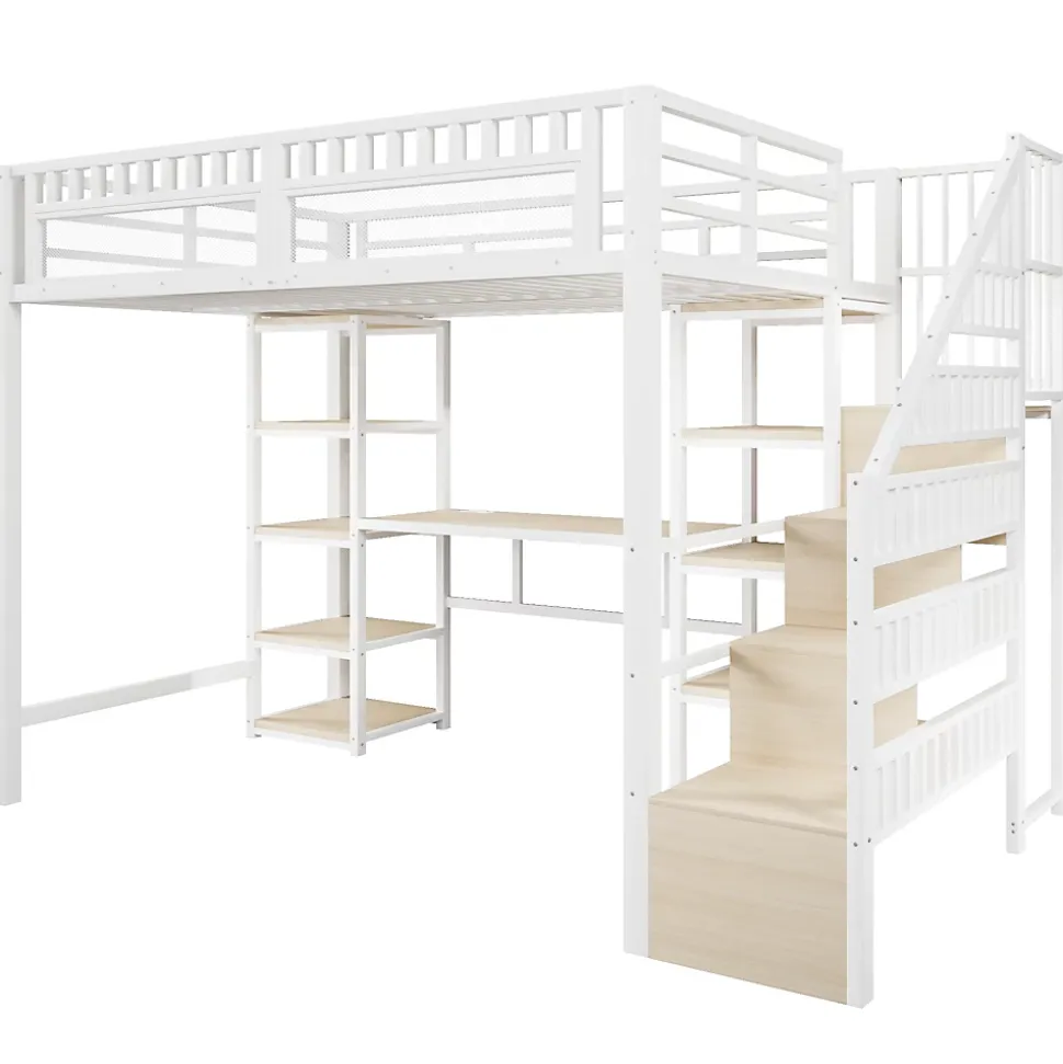 Lit Mezzanine 140x200 cm - Lit Ado Double avec Bureau, Escalier Rangement et LED - Métal et MDF - sans Matelas - Blanc