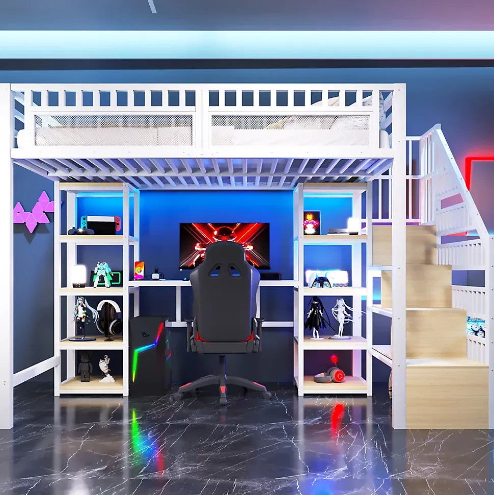 Lit Mezzanine 140x200 cm - Lit Ado Double avec Bureau, Escalier Rangement et LED - Métal et MDF - sans Matelas - Blanc