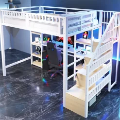 Lit Mezzanine 140x200 cm - Lit Ado Double avec Bureau, Escalier Rangement et LED - Métal et MDF - sans Matelas - Blanc