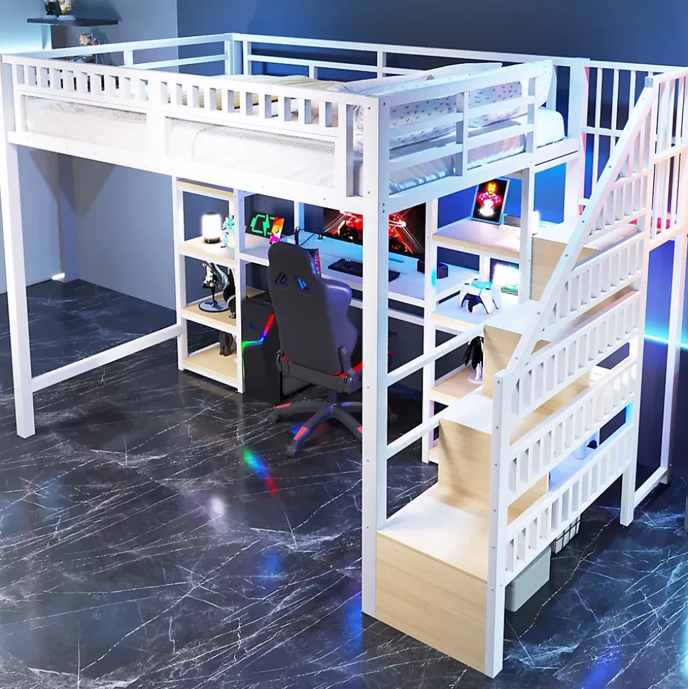 Lit Mezzanine 140x200 cm - Lit Ado Double avec Bureau, Escalier Rangement et LED - Métal et MDF - sans Matelas - Blanc