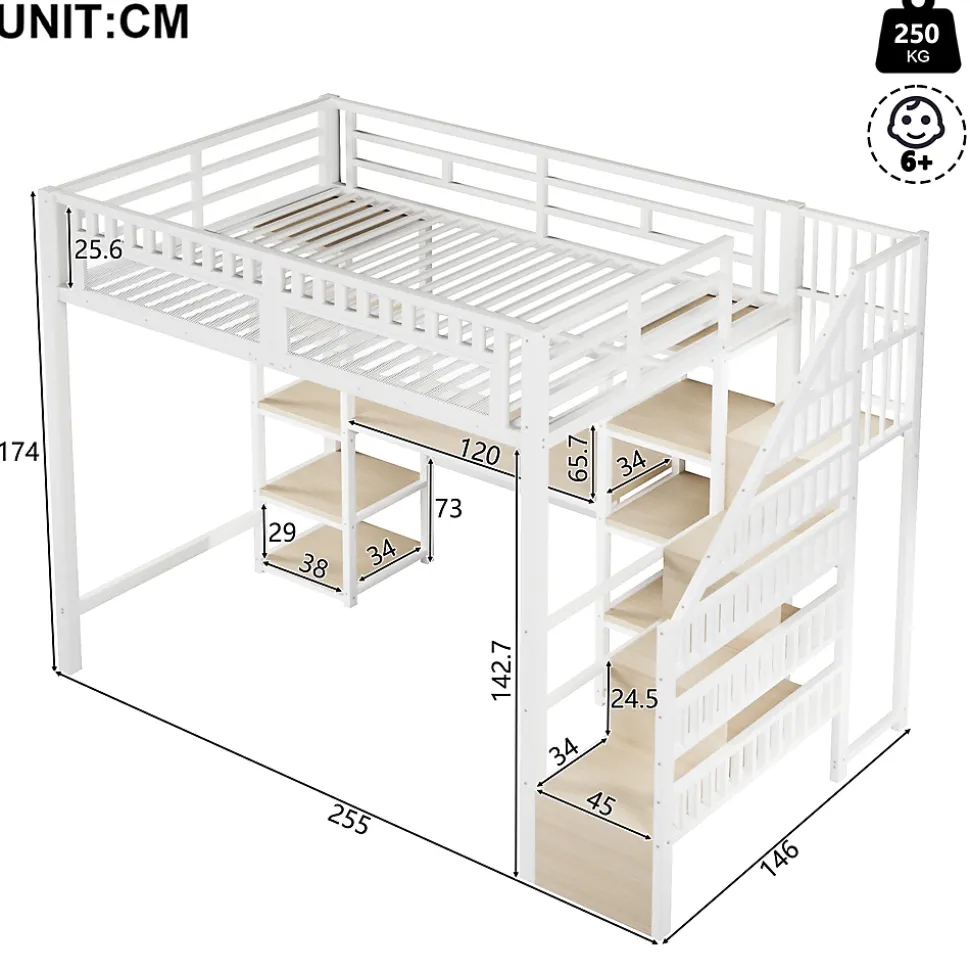 Lit Mezzanine 140x200 cm - Lit Ado Double avec Bureau, Escalier Rangement et LED - Métal et MDF - sans Matelas - Blanc
