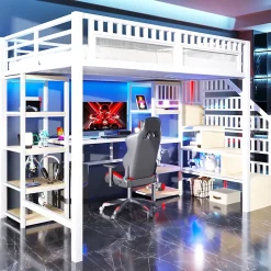 Lit Mezzanine 140x200 cm - Lit Ado Double avec Bureau, Escalier Rangement et LED - Métal et MDF - sans Matelas - Blanc