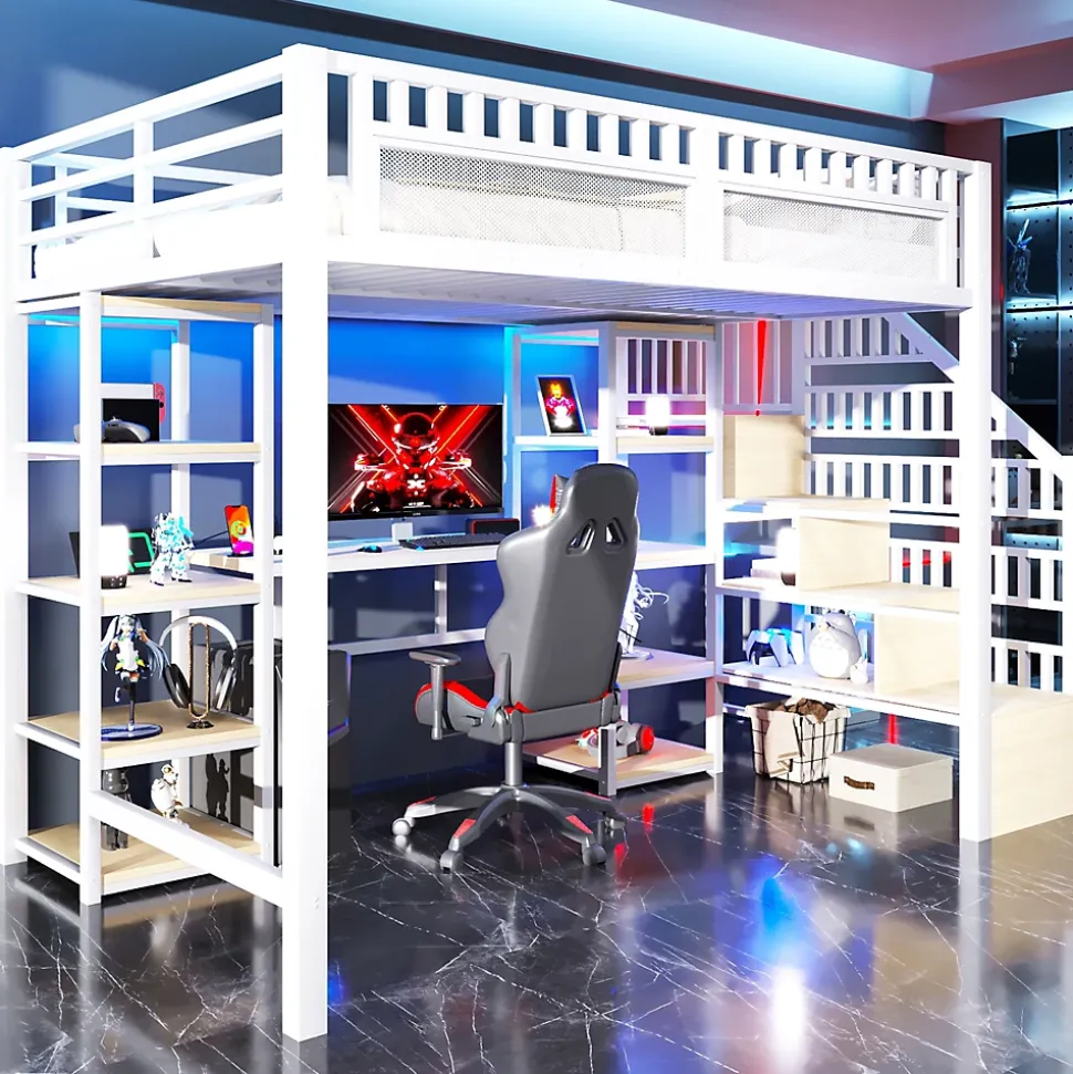 Lit Mezzanine 140x200 cm - Lit Ado Double avec Bureau, Escalier Rangement et LED - Métal et MDF - sans Matelas - Blanc