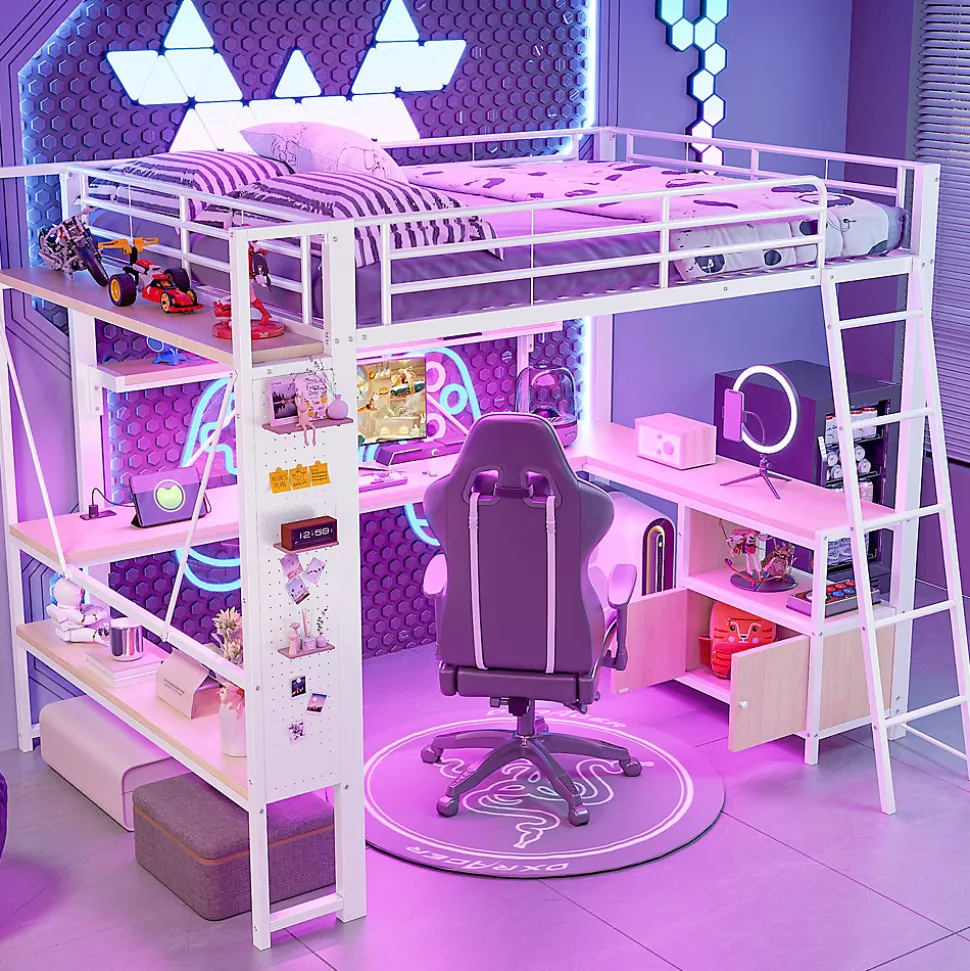 Lit Mezzanine 140x200 cm - Lit Ado avec Bureau Intégré, LED et Ports USB, Panneau Perforé et Rangement, Métal + MDF, Blanc