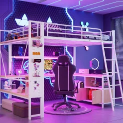 Lit Mezzanine 140x200 cm - Lit Ado avec Bureau Intégré, LED et Ports USB, Panneau Perforé et Rangement, Métal + MDF, Blanc