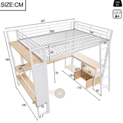Lit Mezzanine 140x200 cm - Lit Ado avec Bureau Intégré, LED et Ports USB, Panneau Perforé et Rangement, Métal + MDF, Blanc