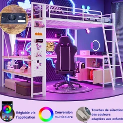 Lit Mezzanine 140x200 cm - Lit Ado avec Bureau Intégré, LED et Ports USB, Panneau Perforé et Rangement, Métal + MDF, Blanc