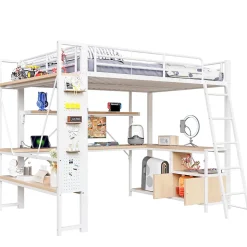 Lit Mezzanine 140x200 cm - Lit Ado avec Bureau Intégré, LED et Ports USB, Panneau Perforé et Rangement, Métal + MDF, Blanc