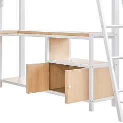 Lit Mezzanine 140x200 cm - Lit Ado avec Bureau Intégré, LED et Ports USB, Panneau Perforé et Rangement, Métal + MDF, Blanc