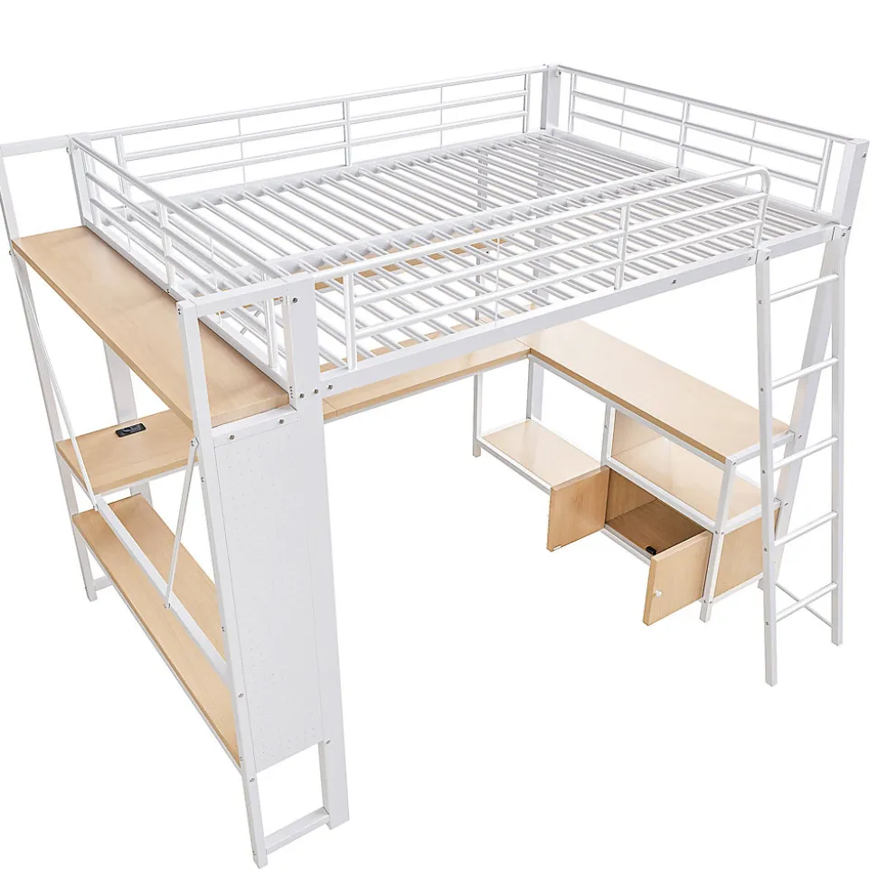 Lit Mezzanine 140x200 cm - Lit Ado avec Bureau Intégré, LED et Ports USB, Panneau Perforé et Rangement, Métal + MDF, Blanc
