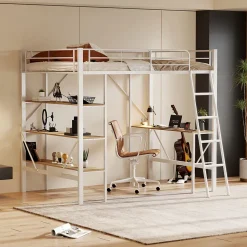 Lit mezzanine 90x200 cm - Lit avec bureau intégré - Structure métal - Sans matelas - Blanc