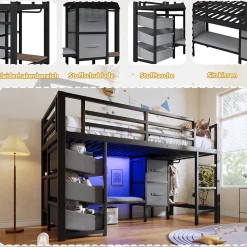 Lit Mezzanine 90x200 cm - Lit Ado avec LED Intégrée, Tiroirs en Tissu et Crochets pour Vêtements, en Métal - Sans Matelas Noir