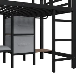 Lit Mezzanine 90x200 cm - Lit Ado avec LED Intégrée, Tiroirs en Tissu et Crochets pour Vêtements, en Métal - Sans Matelas Noir