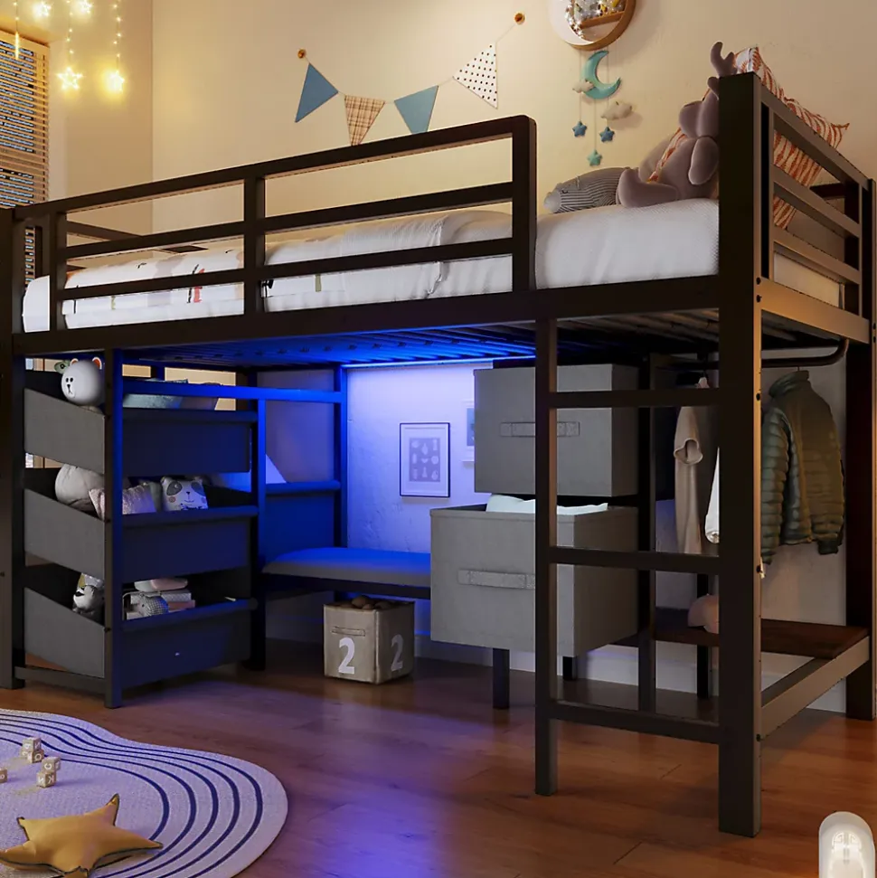 Lit Mezzanine 90x200 cm - Lit Ado avec LED Intégrée, Tiroirs en Tissu et Crochets pour Vêtements, en Métal - Sans Matelas Noir