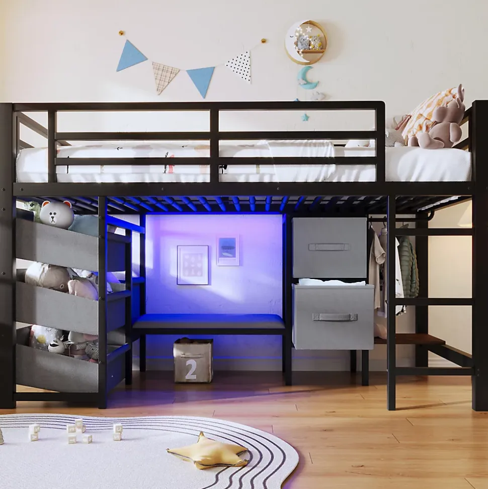 Lit Mezzanine 90x200 cm - Lit Ado avec LED Intégrée, Tiroirs en Tissu et Crochets pour Vêtements, en Métal - Sans Matelas Noir