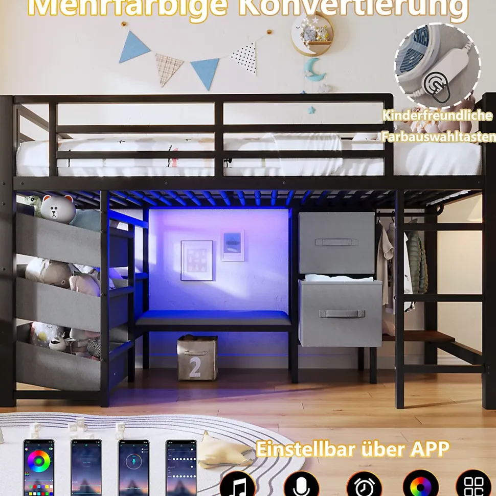 Lit Mezzanine 90x200 cm - Lit Ado avec LED Intégrée, Tiroirs en Tissu et Crochets pour Vêtements, en Métal - Sans Matelas Noir