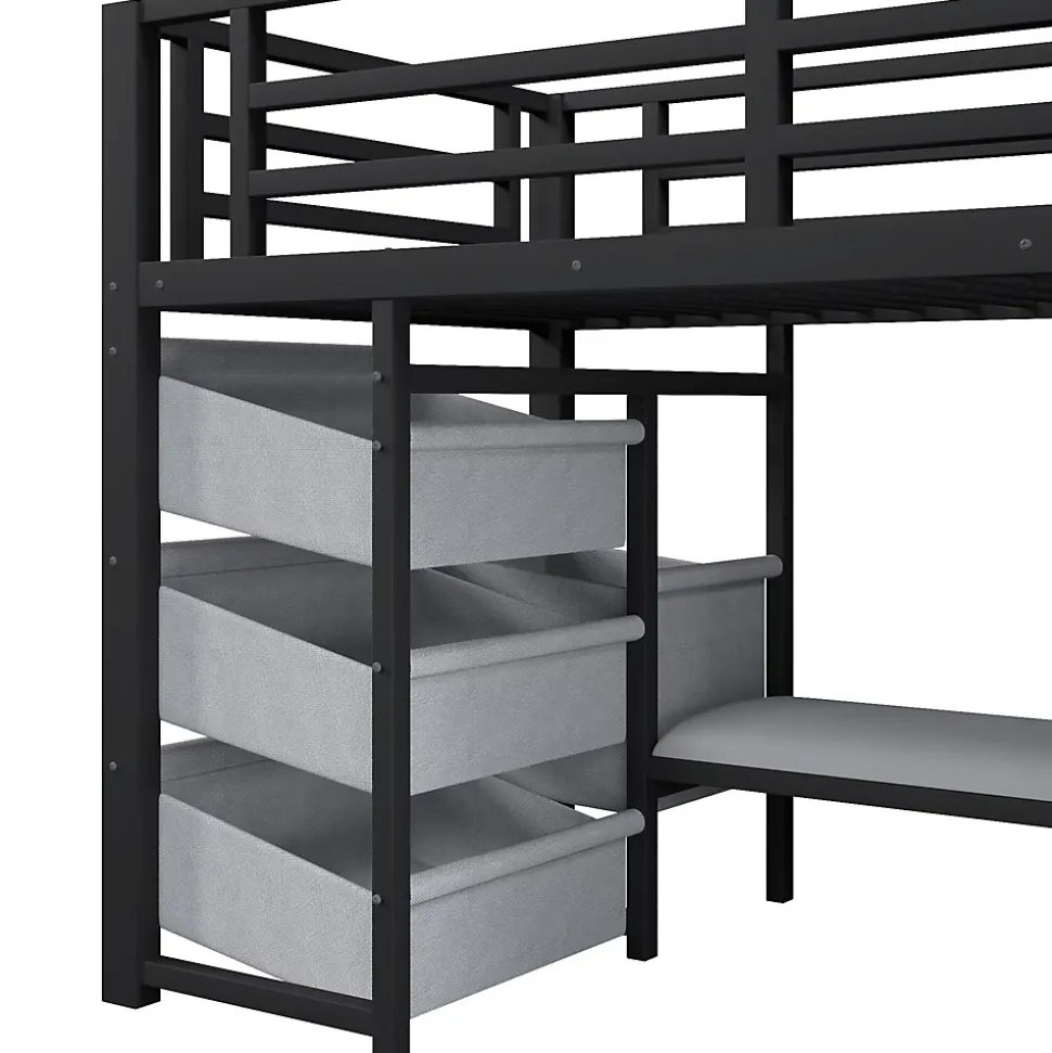 Lit Mezzanine 90x200 cm - Lit Ado avec LED Intégrée, Tiroirs en Tissu et Crochets pour Vêtements, en Métal - Sans Matelas Noir