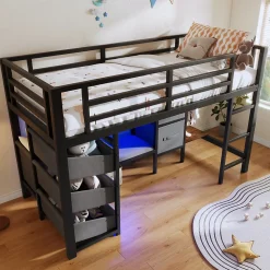 Lit Mezzanine 90x200 cm - Lit Ado avec LED Intégrée, Tiroirs en Tissu et Crochets pour Vêtements, en Métal - Sans Matelas Noir