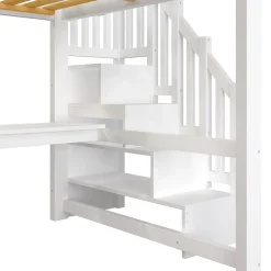 Lit Mezzanine 140x200 cm - Lit Adulte avec Bureau et Armoire, Escalier de Rangement, LED et USB - sans Matelas - Blanc