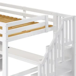 Lit Mezzanine 140x200 cm - Lit Adulte avec Bureau et Armoire, Escalier de Rangement, LED et USB - sans Matelas - Blanc