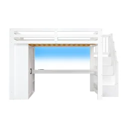 Lit Mezzanine 140x200 cm - Lit Adulte avec Bureau et Armoire, Escalier de Rangement, LED et USB - sans Matelas - Blanc