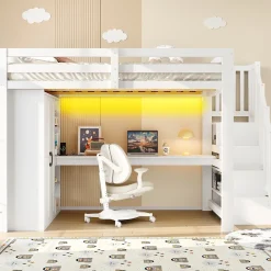 Lit Mezzanine 140x200 cm - Lit Adulte avec Bureau et Armoire, Escalier de Rangement, LED et USB - sans Matelas - Blanc
