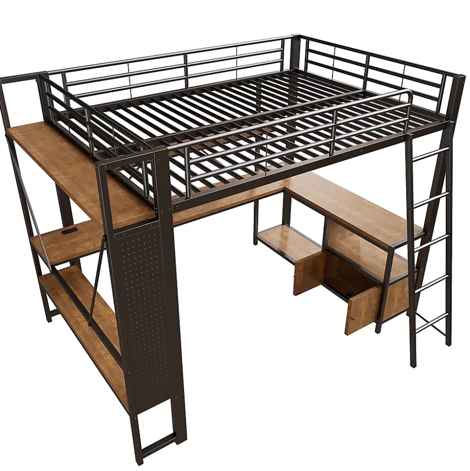 Lit Mezzanine 140x200 cm - Lit Ado avec Bureau Intégré, LED et Ports USB, Panneau Perforé et Rangement, Métal + MDF, Noir