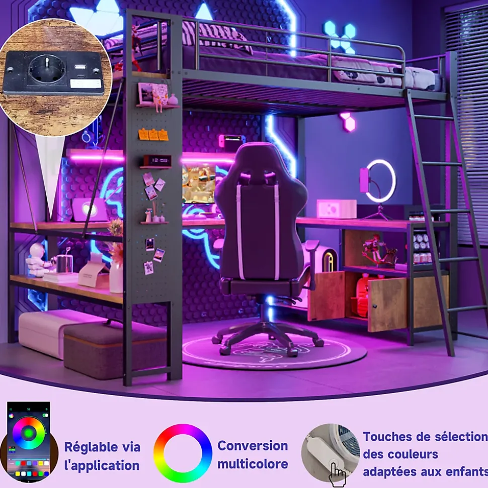 Lit Mezzanine 140x200 cm - Lit Ado avec Bureau Intégré, LED et Ports USB, Panneau Perforé et Rangement, Métal + MDF, Noir