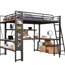 Lit Mezzanine 140x200 cm - Lit Ado avec Bureau Intégré, LED et Ports USB, Panneau Perforé et Rangement, Métal + MDF, Noir