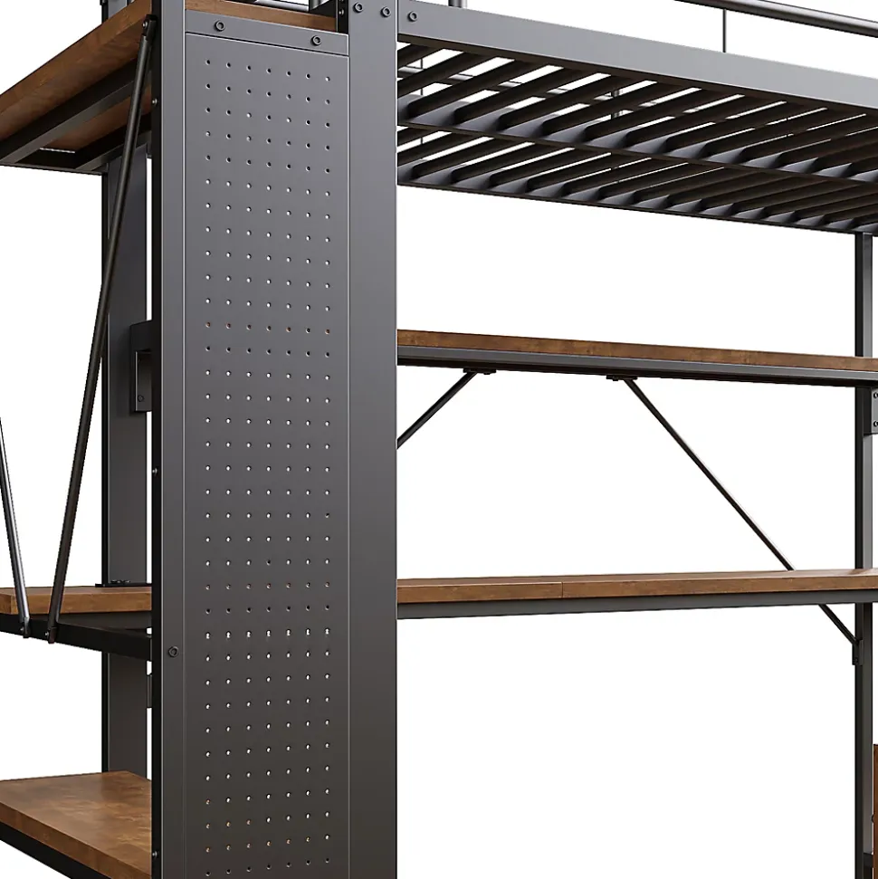 Lit Mezzanine 140x200 cm - Lit Ado avec Bureau Intégré, LED et Ports USB, Panneau Perforé et Rangement, Métal + MDF, Noir