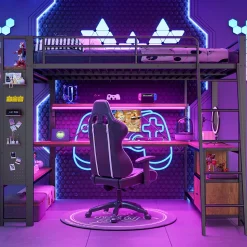 Lit Mezzanine 140x200 cm - Lit Ado avec Bureau Intégré, LED et Ports USB, Panneau Perforé et Rangement, Métal + MDF, Noir