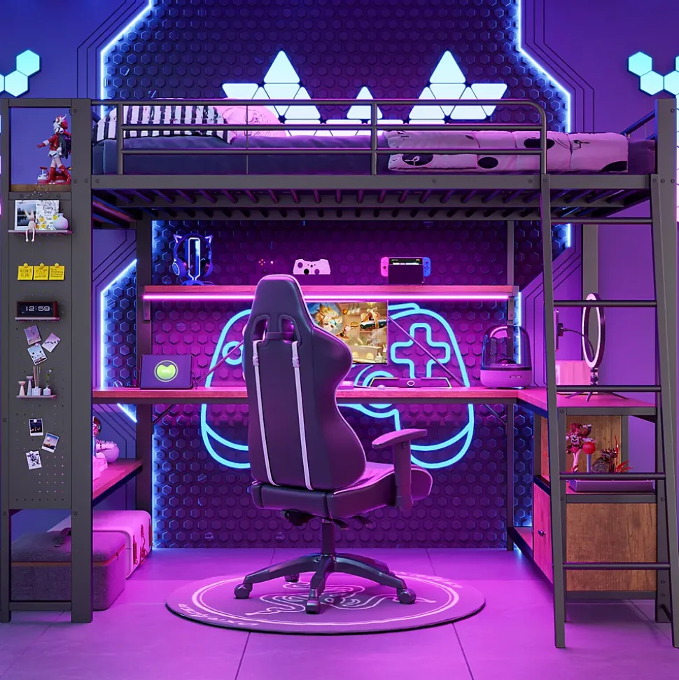 Lit Mezzanine 140x200 cm - Lit Ado avec Bureau Intégré, LED et Ports USB, Panneau Perforé et Rangement, Métal + MDF, Noir