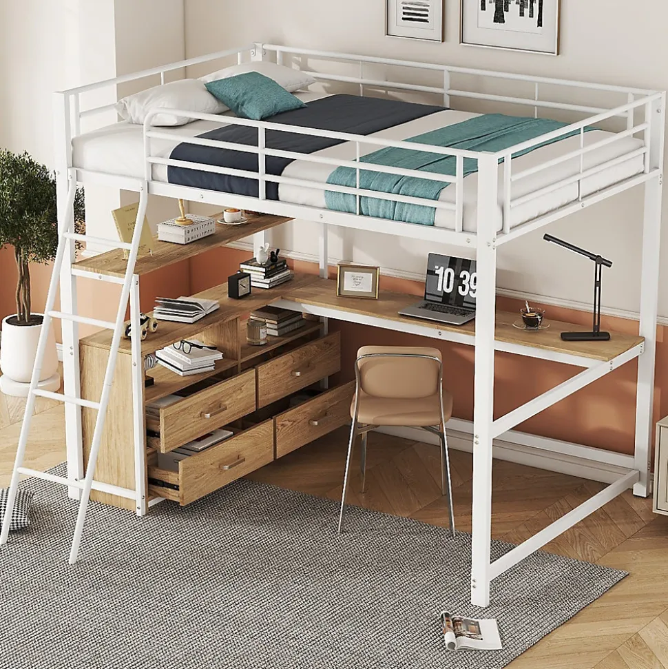 Lit Mezzanine 140x200 cm - Lit avec Rangement et Bureau en L, Lit Junior en Métal, Sans Matelas - Blanc